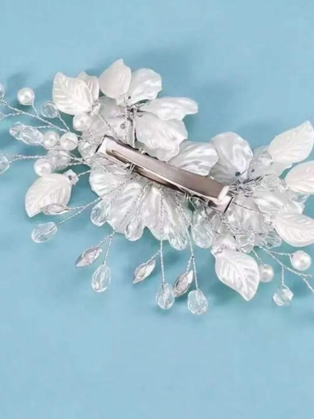 Silver Floral Hair Pin with Pearls and Crystals - Women Accessories
